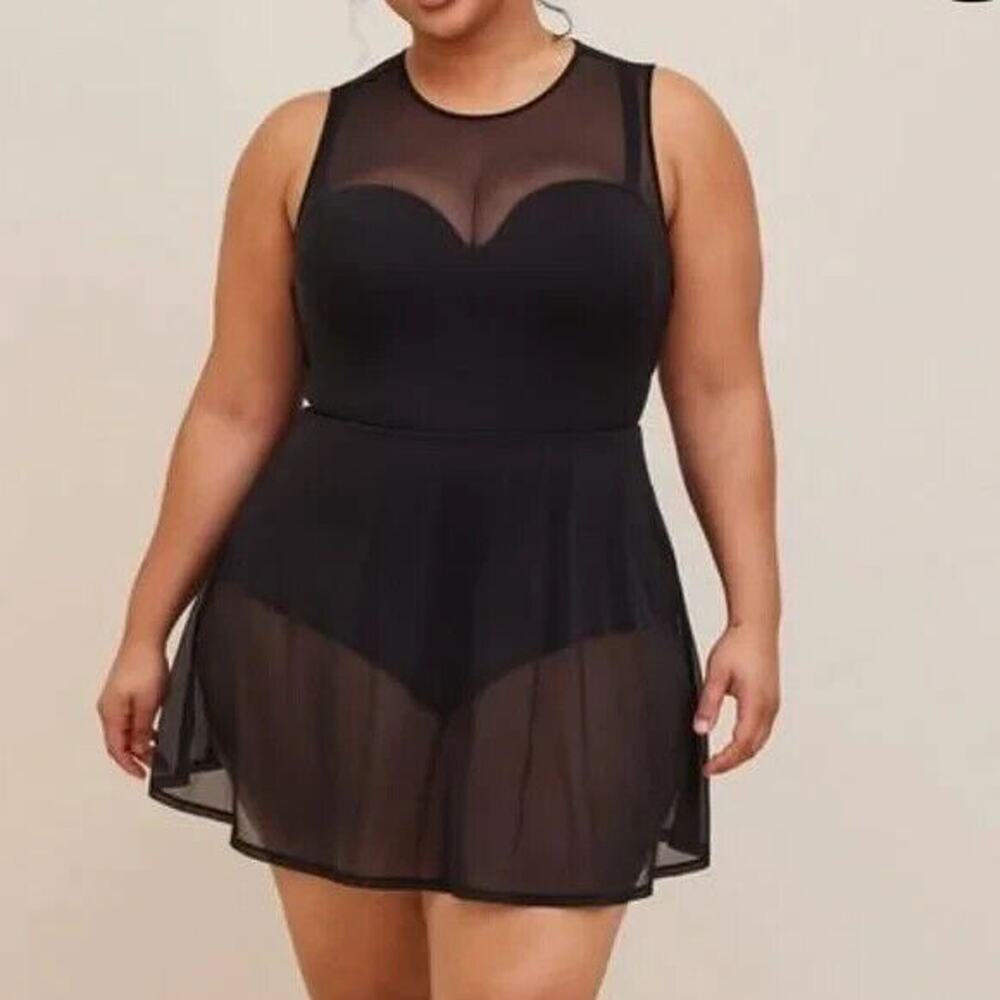 Torrid NWT Black One Piece Swim Suit Size 2 D/DD Sheer Long Skirt & Décolleté